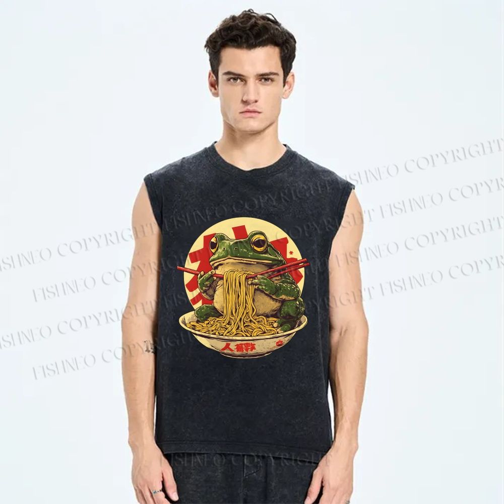 Unisex Ramen Frog Printed Washed Tank Top