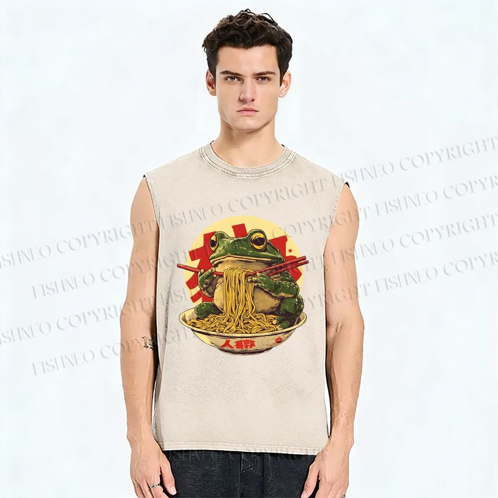 Unisex Ramen Frog Printed Washed Tank Top