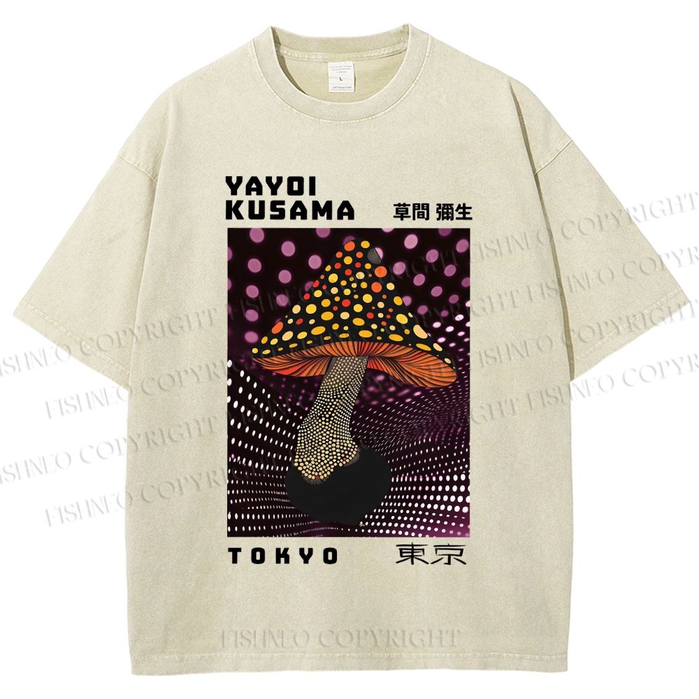 Unisex Yayoi Kusama Polka-Dot Mushroom Printed Washed Tee