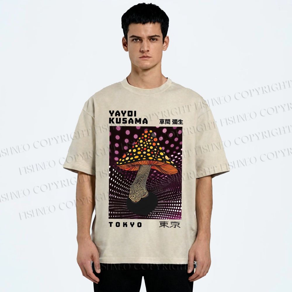 Unisex Yayoi Kusama Polka-Dot Mushroom Printed Washed Tee