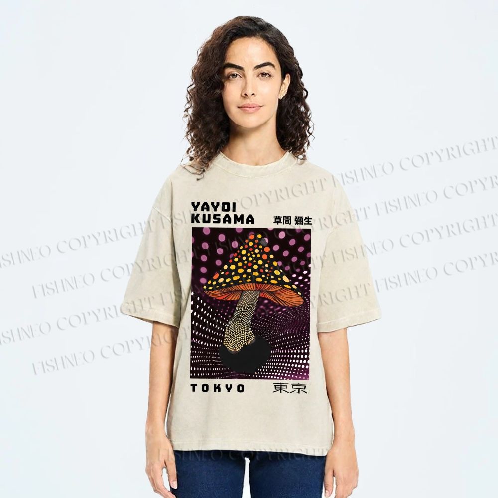 Unisex Yayoi Kusama Polka-Dot Mushroom Printed Washed Tee