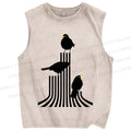 Unisex Line Bird Printed Washed Tank Top