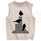 Unisex Line Bird Printed Washed Tank Top