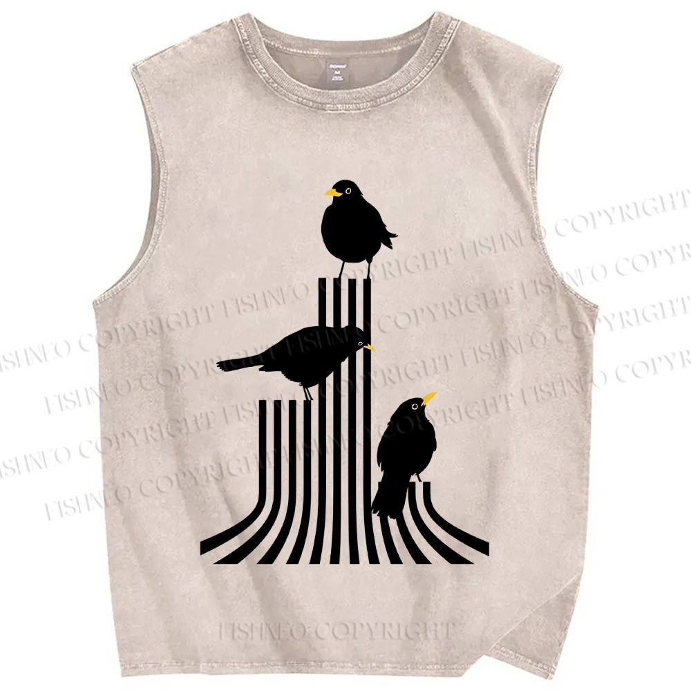 Unisex Line Bird Printed Washed Tank Top