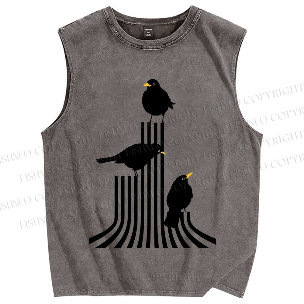 Unisex Line Bird Printed Washed Tank Top