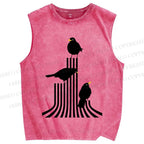 Unisex Line Bird Printed Washed Tank Top