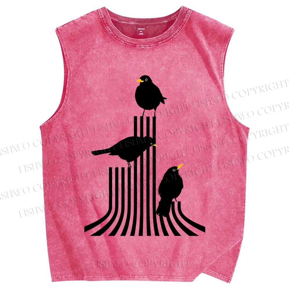 Unisex Line Bird Printed Washed Tank Top