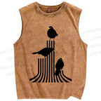 Unisex Line Bird Printed Washed Tank Top