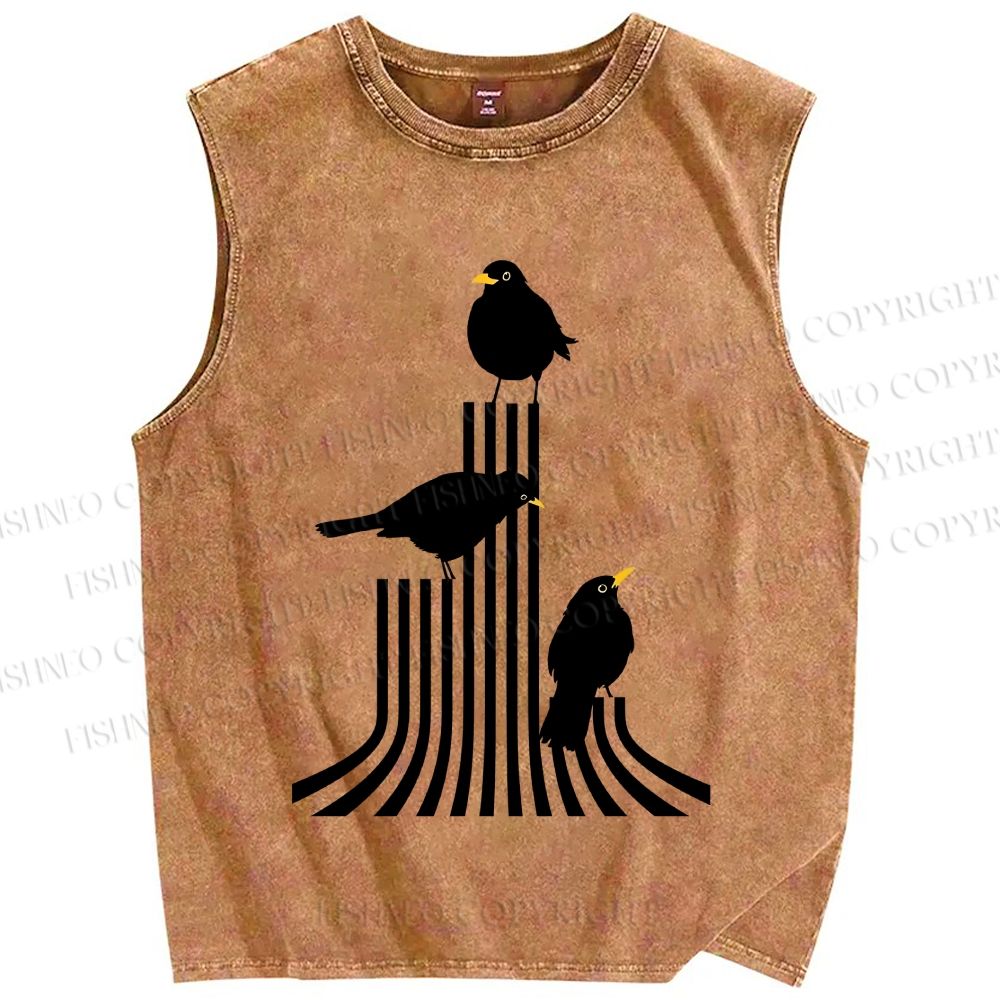 Unisex Line Bird Printed Washed Tank Top