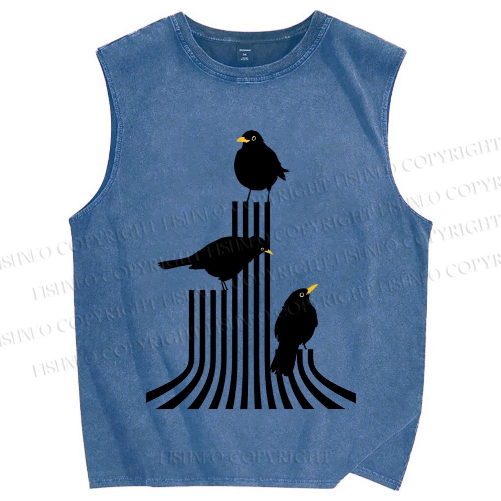 Unisex Line Bird Printed Washed Tank Top