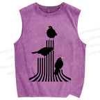 Unisex Line Bird Printed Washed Tank Top