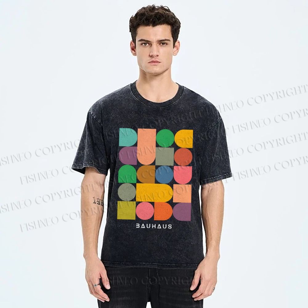 Unisex Bauhaus Colorful Geometry Printed Washed Tee