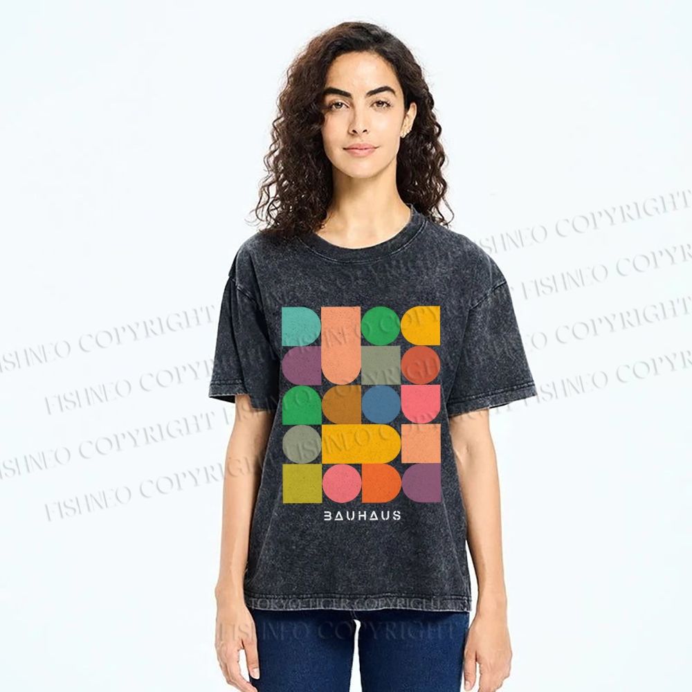Unisex Bauhaus Colorful Geometry Printed Washed Tee