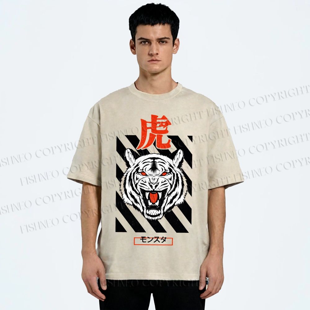 Unisex Tiger Printed Washed Tee