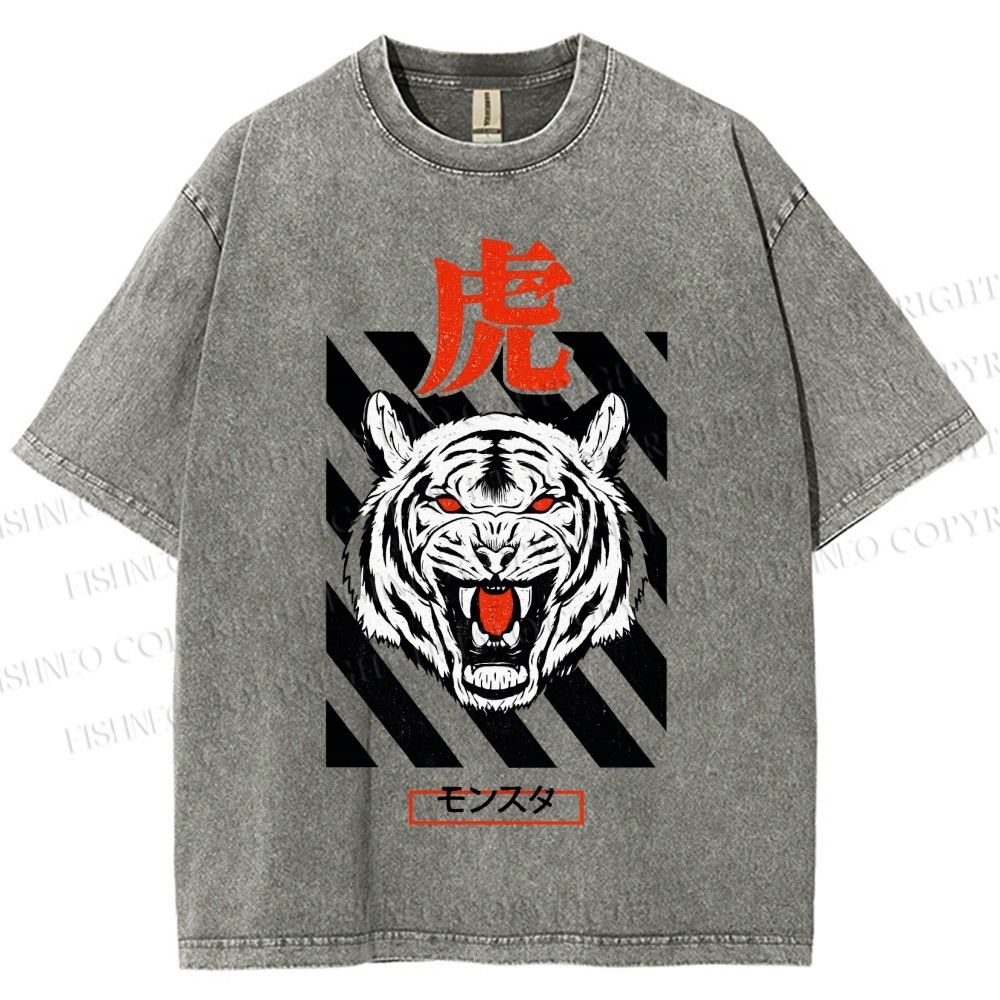 Unisex Tiger Printed Washed Tee