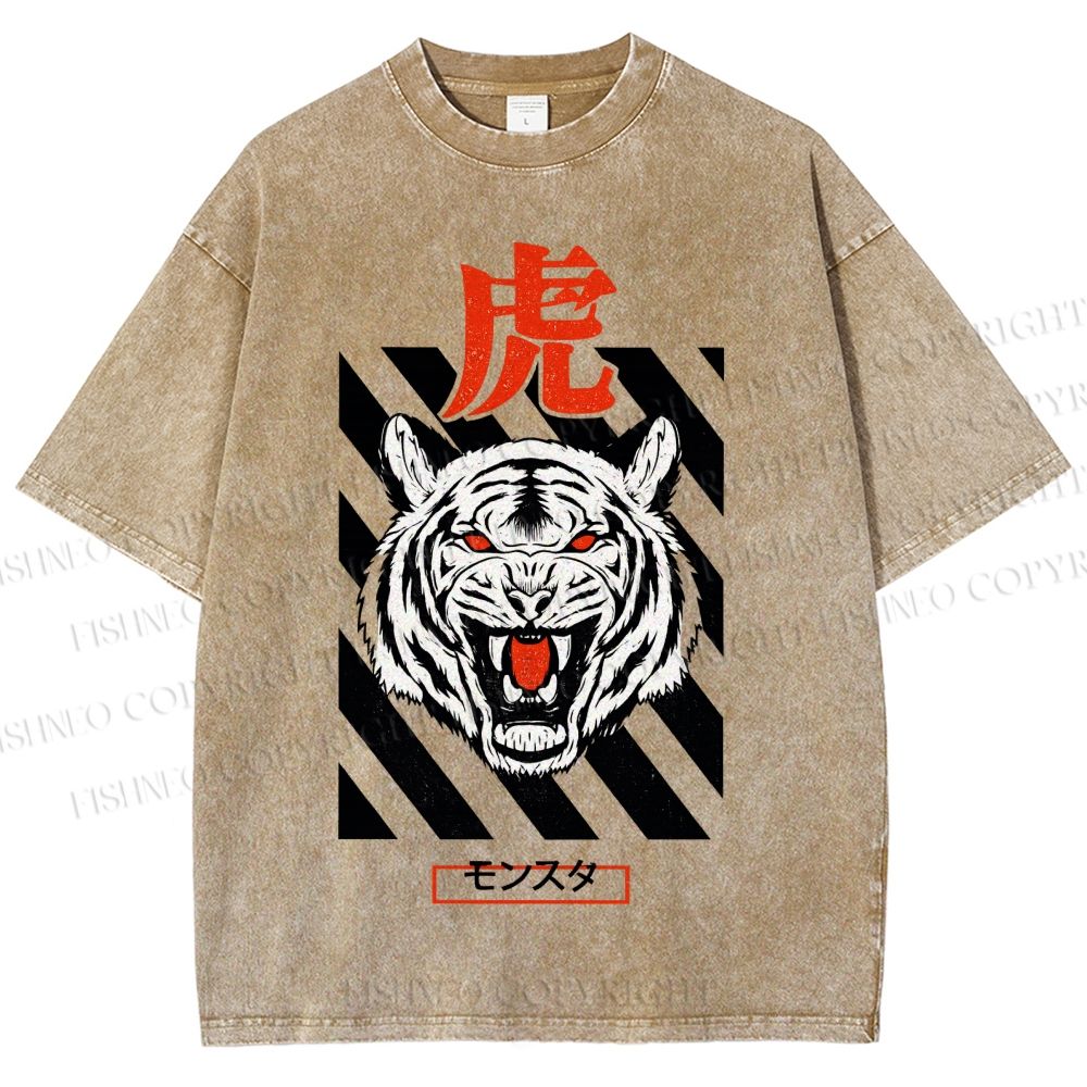 Unisex Tiger Printed Washed Tee