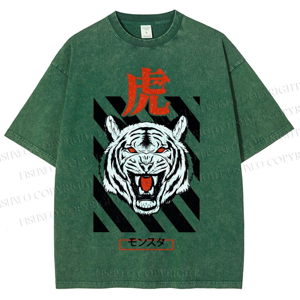 Unisex Tiger Printed Washed Tee
