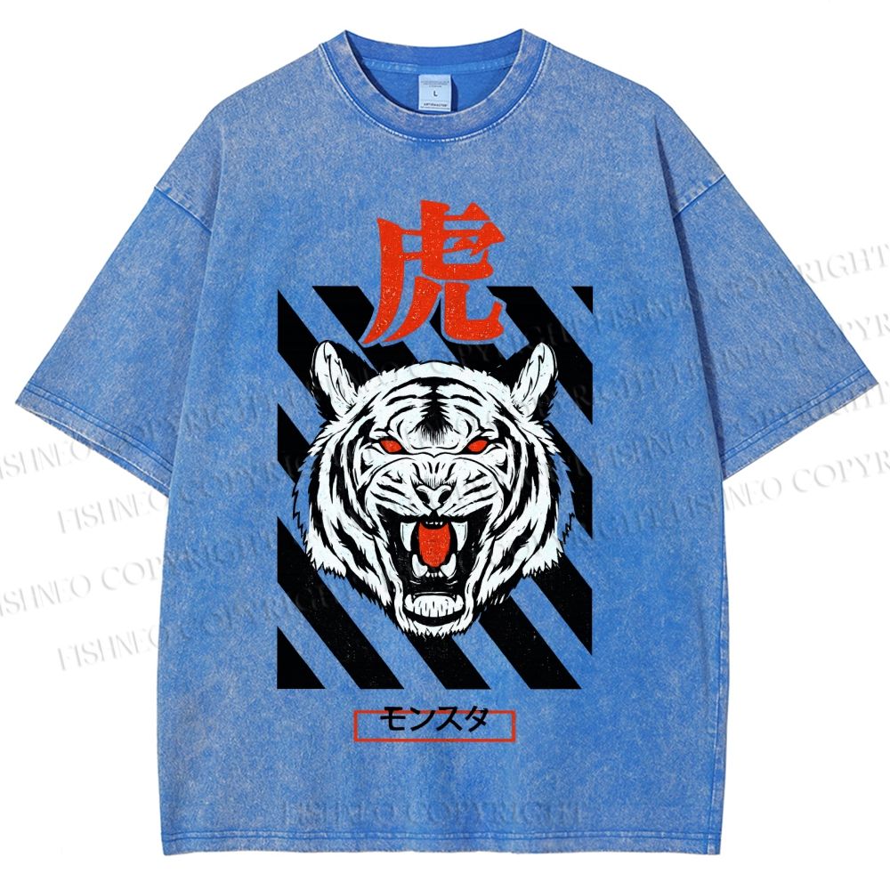 Unisex Tiger Printed Washed Tee