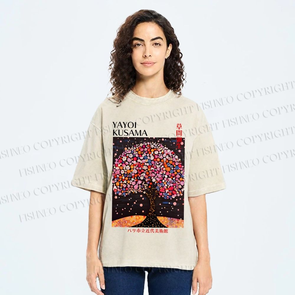 Unisex Yayoi Kusama Flower Tree Printed Washed Tee