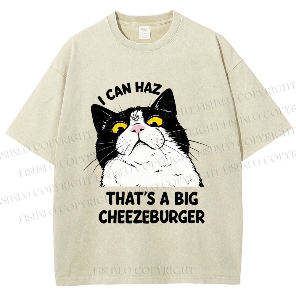 Unisex I Can Haz Big Cheezeburger Cat Printed Washed Tee