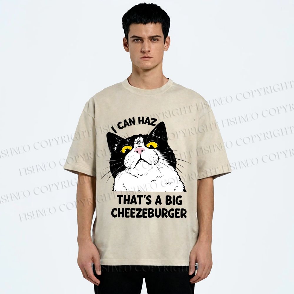Unisex I Can Haz Big Cheezeburger Cat Printed Washed Tee