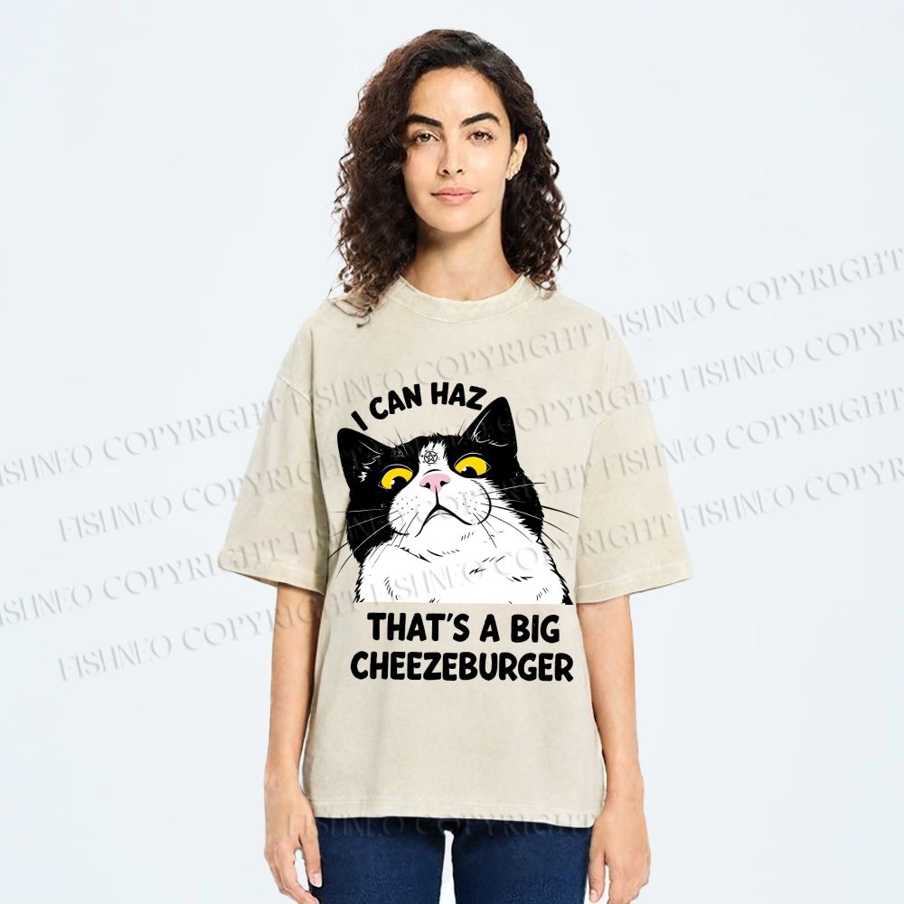 Unisex I Can Haz Big Cheezeburger Cat Printed Washed Tee