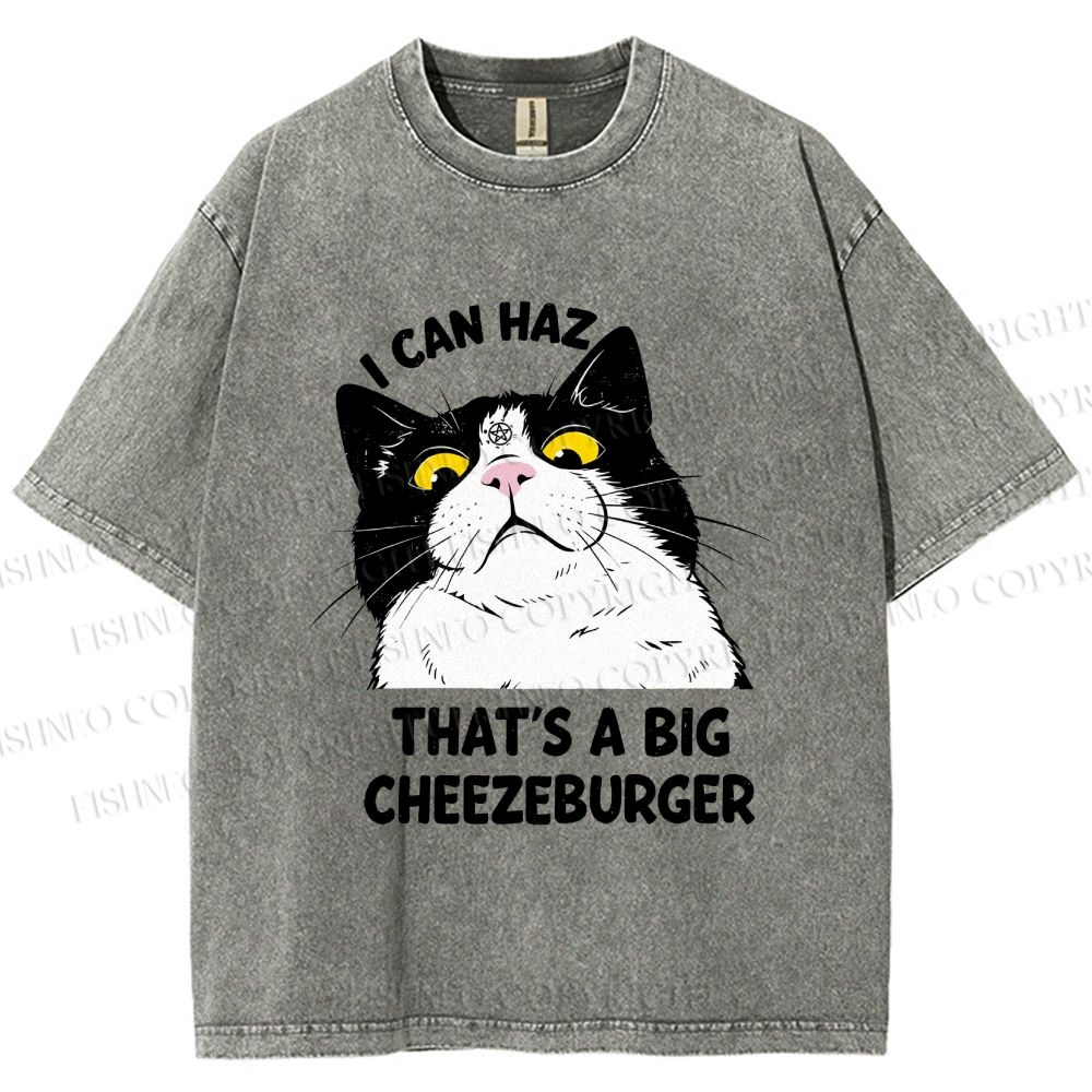 Unisex I Can Haz Big Cheezeburger Cat Printed Washed Tee
