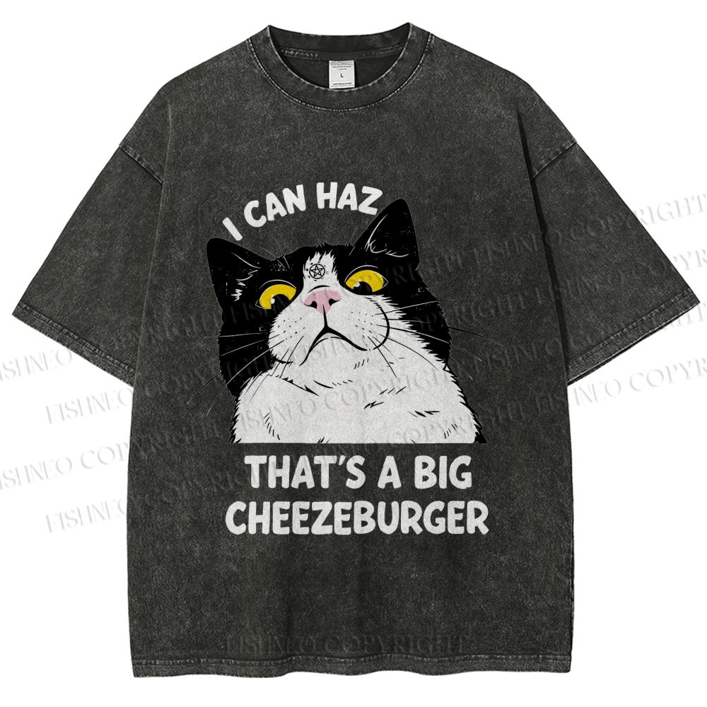 Unisex I Can Haz Big Cheezeburger Cat Printed Washed Tee