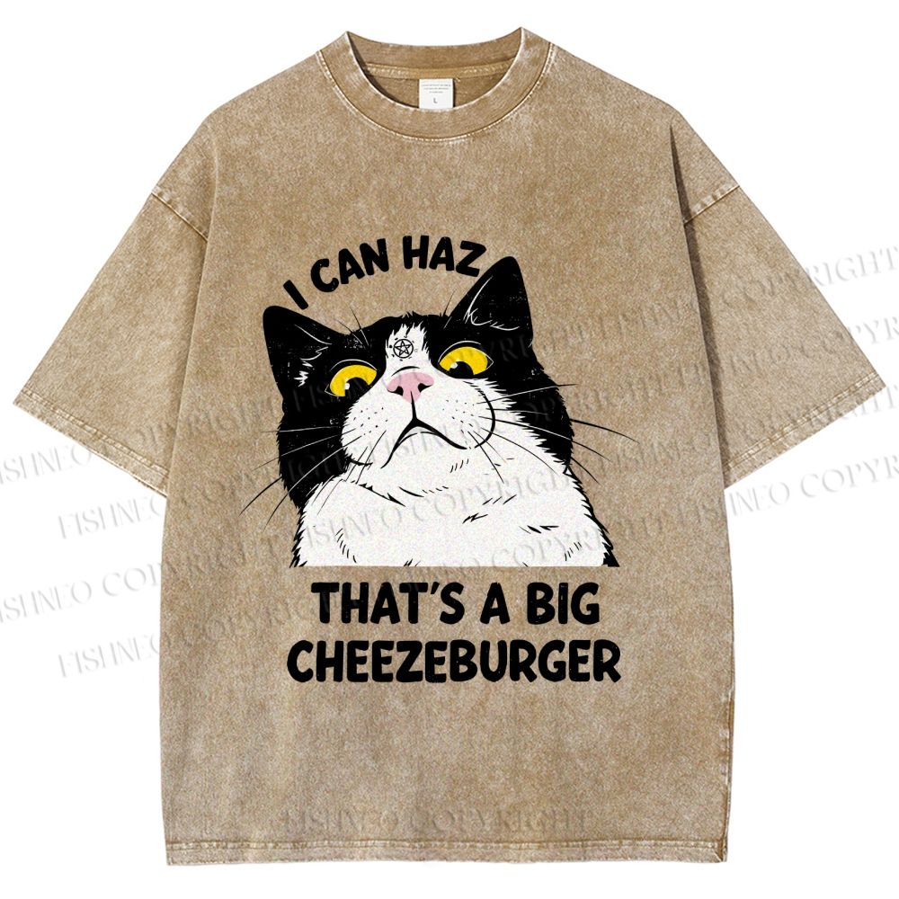 Unisex I Can Haz Big Cheezeburger Cat Printed Washed Tee