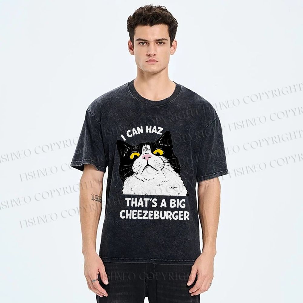 Unisex I Can Haz Big Cheezeburger Cat Printed Washed Tee