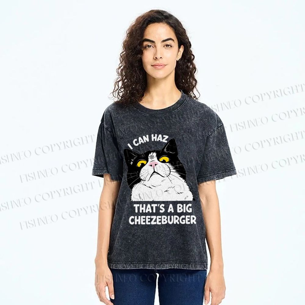 Unisex I Can Haz Big Cheezeburger Cat Printed Washed Tee