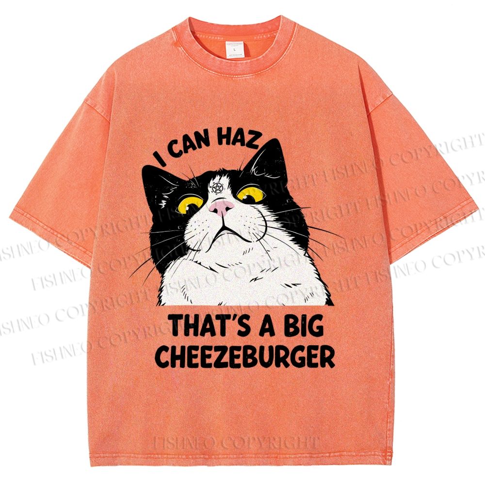 Unisex I Can Haz Big Cheezeburger Cat Printed Washed Tee