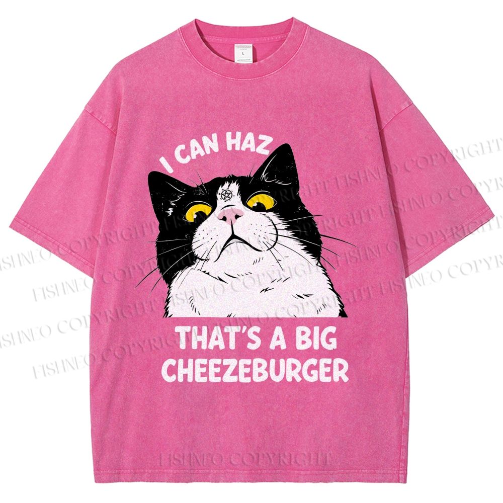 Unisex I Can Haz Big Cheezeburger Cat Printed Washed Tee