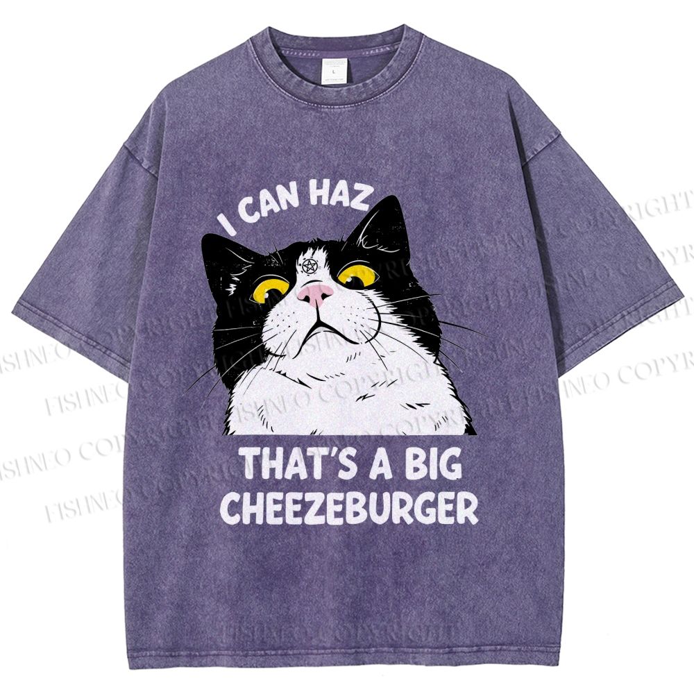 Unisex I Can Haz Big Cheezeburger Cat Printed Washed Tee