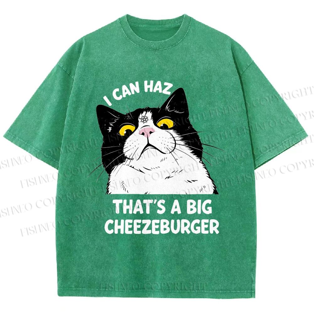 Unisex I Can Haz Big Cheezeburger Cat Printed Washed Tee