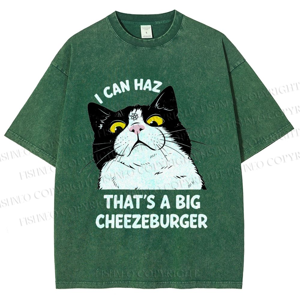 Unisex I Can Haz Big Cheezeburger Cat Printed Washed Tee