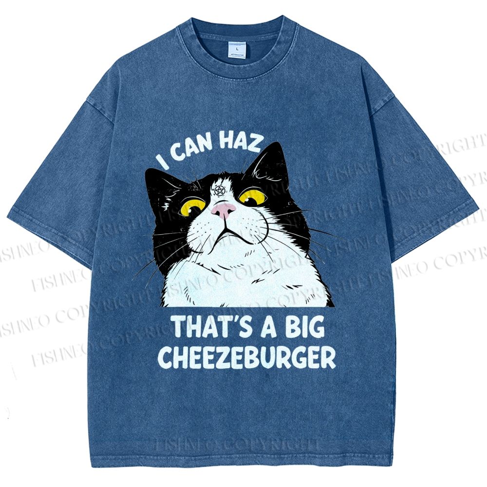 Unisex I Can Haz Big Cheezeburger Cat Printed Washed Tee