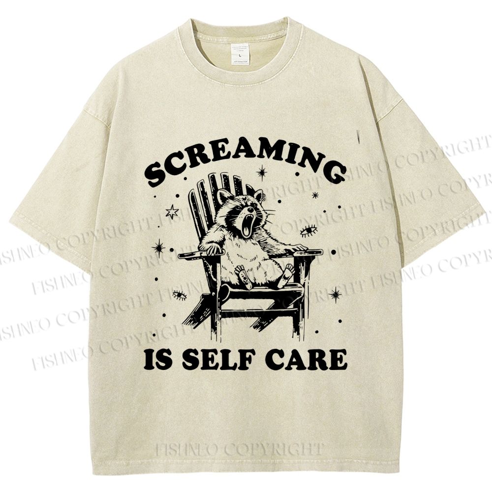 Unisex Screaming Is Self Care Raccoon Printed Washed Tee