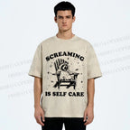 Unisex Screaming Is Self Care Raccoon Printed Washed Tee