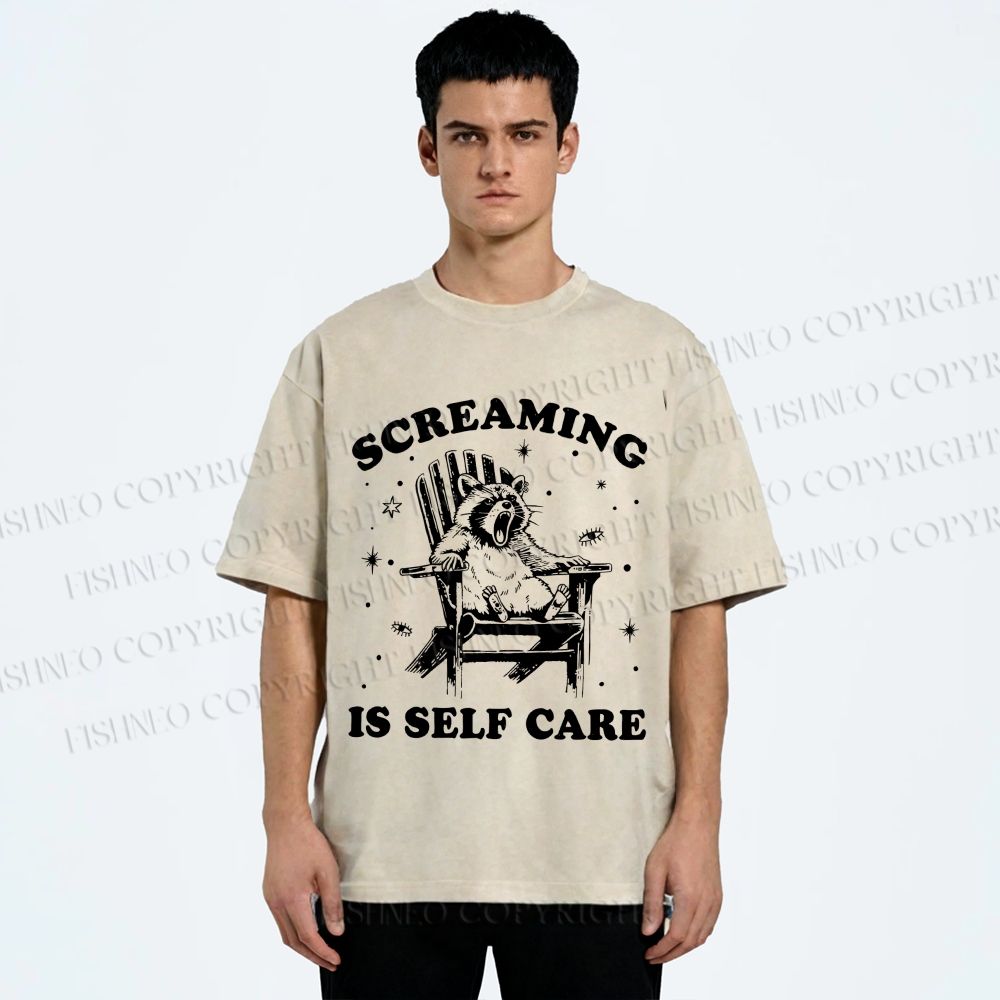 Unisex Screaming Is Self Care Raccoon Printed Washed Tee