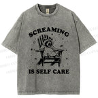 Unisex Screaming Is Self Care Raccoon Printed Washed Tee