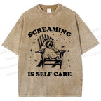 Unisex Screaming Is Self Care Raccoon Printed Washed Tee