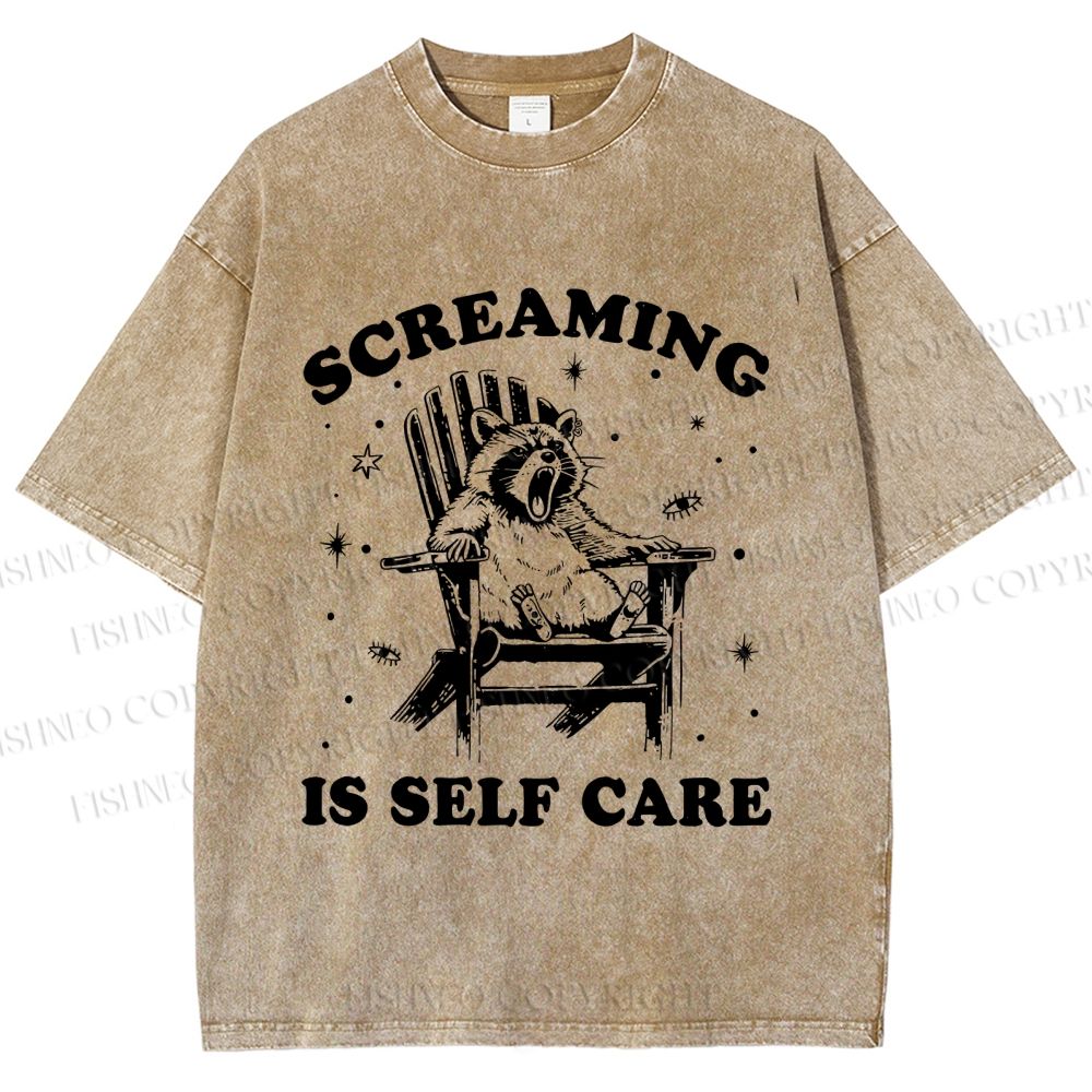 Unisex Screaming Is Self Care Raccoon Printed Washed Tee