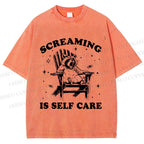 Unisex Screaming Is Self Care Raccoon Printed Washed Tee