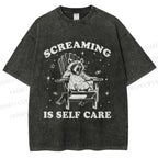 Unisex Screaming Is Self Care Raccoon Printed Washed Tee