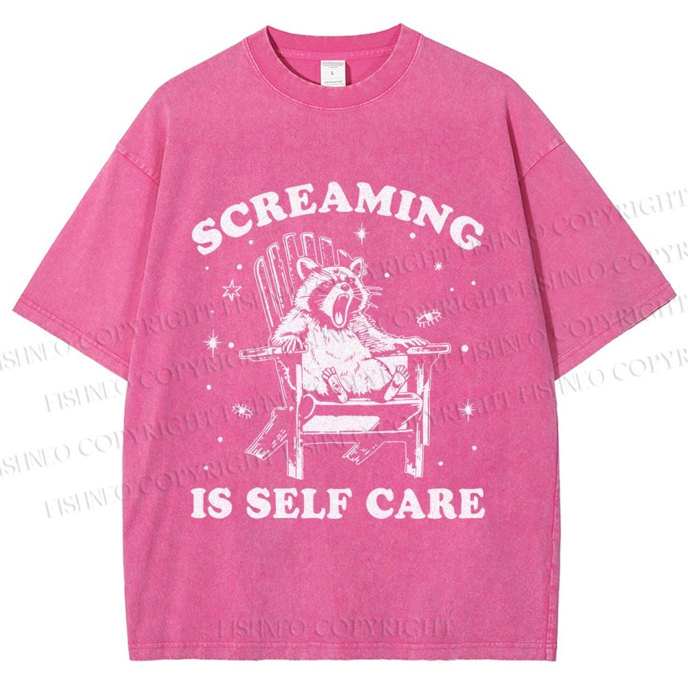 Unisex Screaming Is Self Care Raccoon Printed Washed Tee