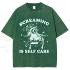 Unisex Screaming Is Self Care Raccoon Printed Washed Tee