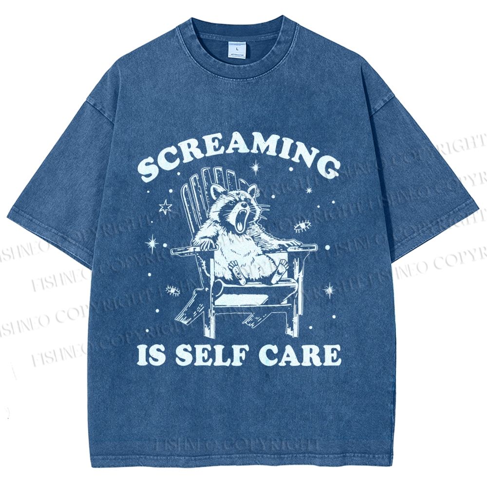 Unisex Screaming Is Self Care Raccoon Printed Washed Tee