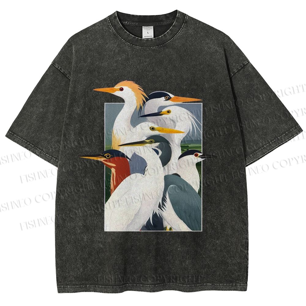 Unisex Elegant Water Birds Collage Printed Washed Tee