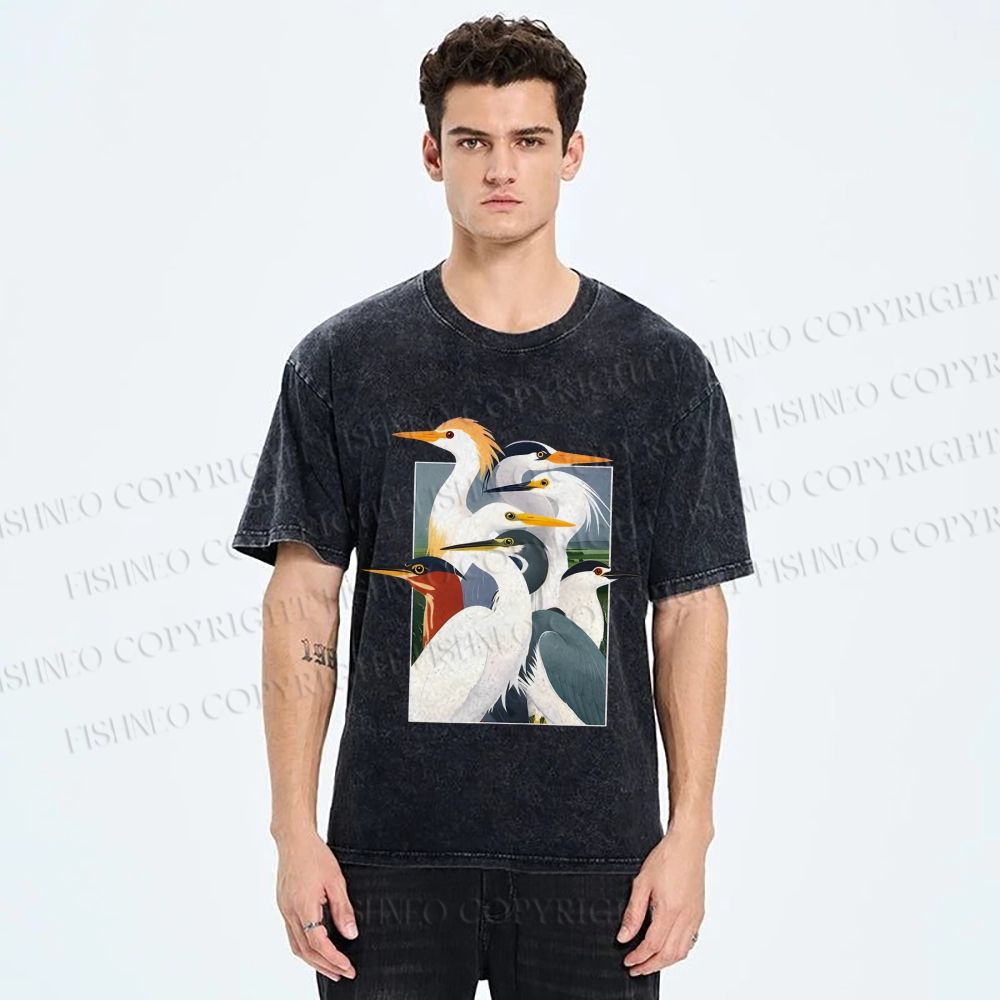 Unisex Elegant Water Birds Collage Printed Washed Tee